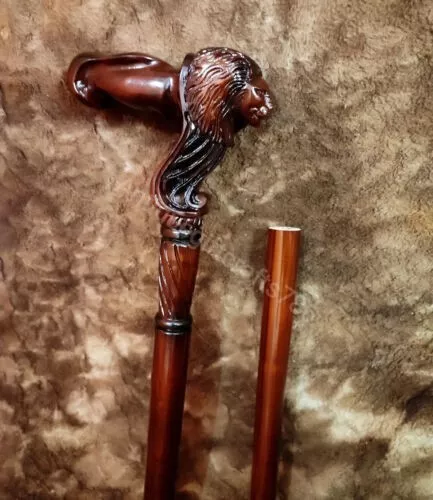 Classic Wooden Walking Stick Cane Lion Head Palm Grip Ergonomic Handle