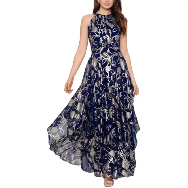 Betsy & Adam Womens Navy Metallic Floral Print Halter Dress Gown 12 BHFO 4675