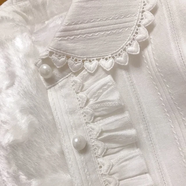Donne Ragazze Stile Giapponese Top Camicetta Camicia Bianca Svasato Fiori Ruffle