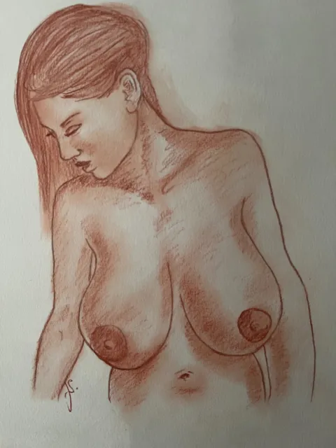 "Noulla" Full breast  Female nude drawing,  original, Conte chalk, 30 x 40 cm