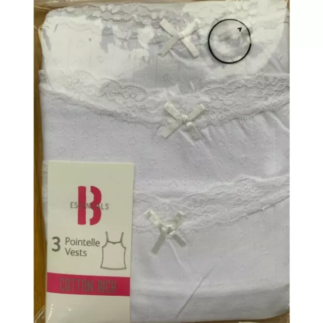 3 Pack  Girls White Pointelle Vests Cami Cotton Rich Tops, Girls Underwear BHS