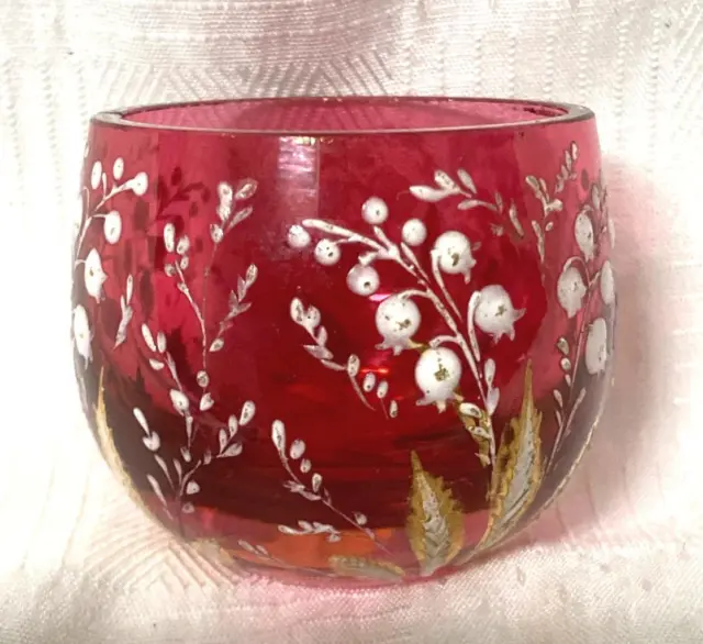 Antique Ruby Cranberry glass open salt hand enameled snowdrop decoration