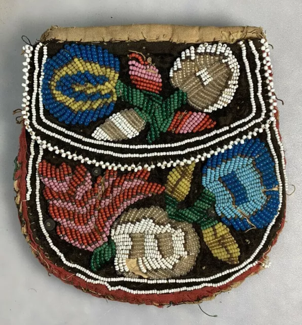 Antique 1800’s Native American Indian Iroquois Floral Beaded Beadwork Purse Bag