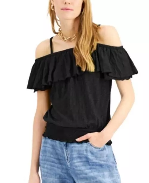 MSRP $45 Inc International Concepts Smocked Off-The-Shoulder Top Black Size XS