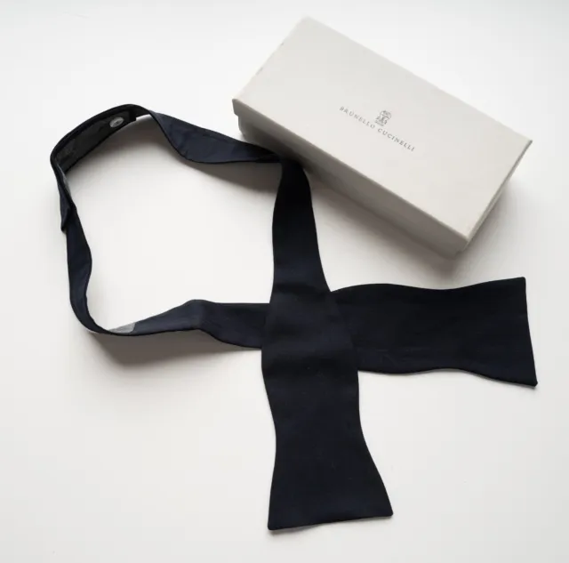 NIB BRUNELLO CUCINELLI Navy Blue Cashmere Silk Handmade Adjustable Bow Tie