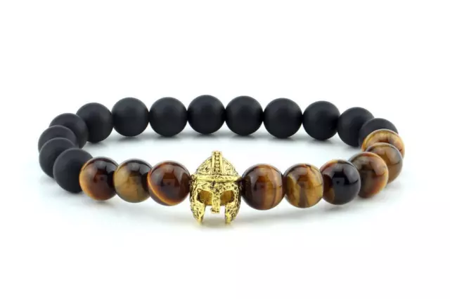 Natural Onyx Gem & Tiger's Eye Bead Golden Warrior Helmet Stretchable Bracelet