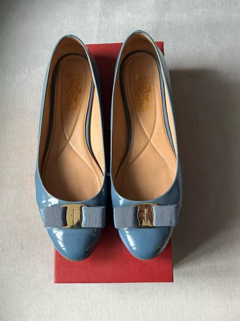 Salvatore Ferragamo New Blue Varina Patent Leather Bow Flats Shoes 10 B