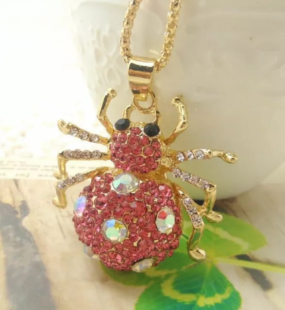 Betsey Johnson Pink Crystal Spider Gold Pendant Chain Necklace Free Gift Bag