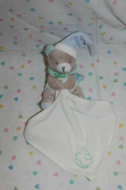 Doudou Babynat Ours Bonnet Bleu Gris Mouchoir Blanc Brode Oiseau  Neuf