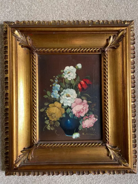 Beautiful Floral Still Life oil on canvas original by R Rosini in gilt frame