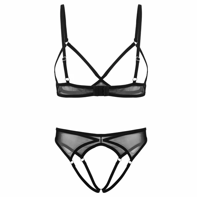 SEXY WOMEN'S OPEN Cup Bra Set Mini Thong Crotchless Panties Lingerie