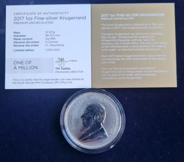 2017 Südafrika 50. Jahrestag Krügerrand Premium Silber 1oz Münze mit Zertifikat 3