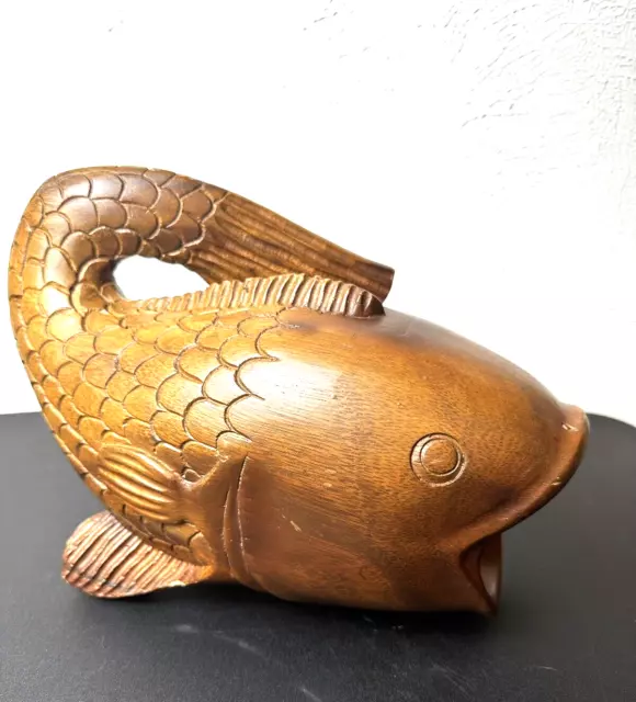 Vintage Hand Carved Wooden Koi Fish Sculpture on Red Wood Carp D23