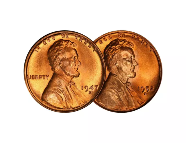 1947 D & 1952 D Lincoln Wheat Cent Choice BU 1c Brilliant Uncirculated - 2 Set