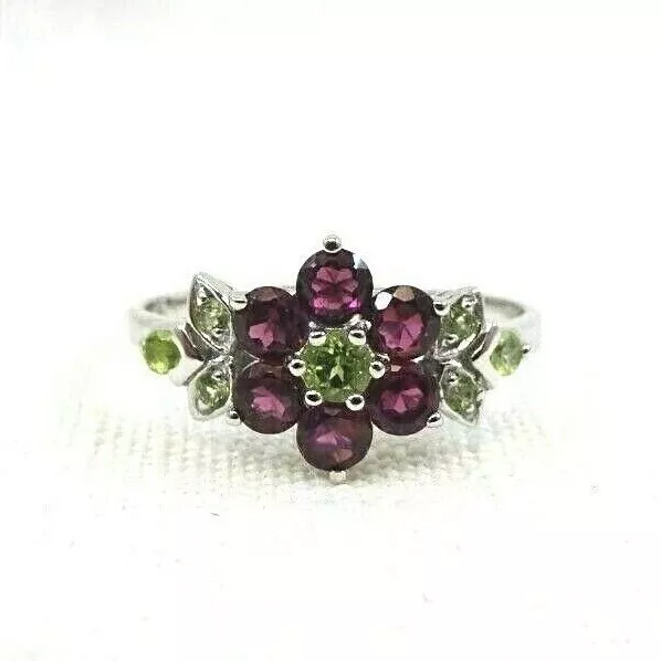 1.12 ct Natural Rhodolite Garnet & Peridot Sterling Silver Flower Ring