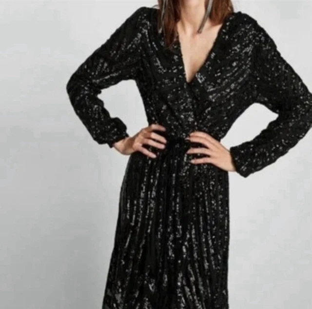 ZARA BLACK SEQUIN Maxi Wrap Dress Size M BNWT PicClick UK