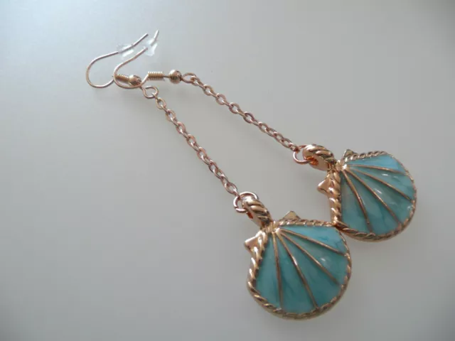 Vintage Art Deco Style Aqua Enamelled Shell Long Earrings Marine Theme Holiday