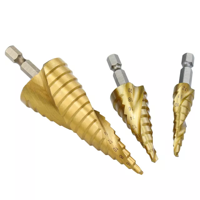 3Pc Spiral Grooved Step Drill Bit Set HSS Titanium Coated Metal Wood Hole Cutter