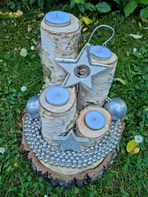 Adventskranz Adventsgesteck Holzkranz Holzscheibe silber weiß Sterne