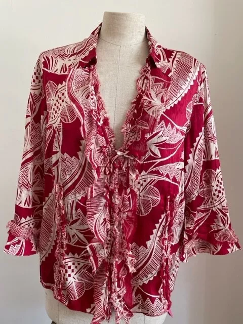 1920s 1930s style blouse 100% silk satin cream red deco Tie Principles 14