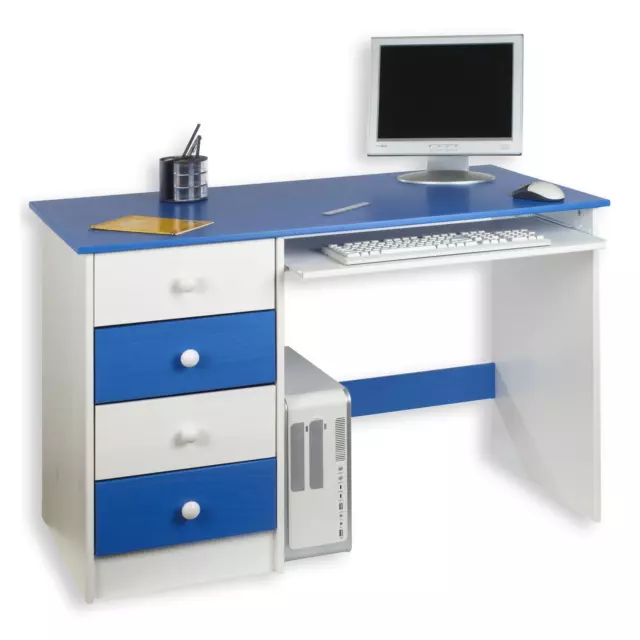 Bureau enfant multi rangements tiroirs support clavier pin massif blanc bleu