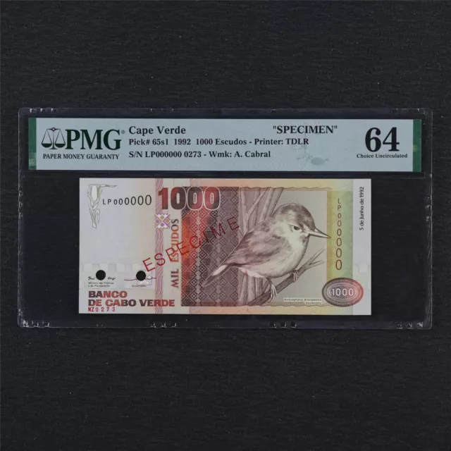 1992 Cape Verde "SPECIMEN" 1000 Escudos Pick#65s1 PMG 64 Choice UNC