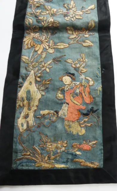 Antique 19th C Chinese hand embroidery long silk/ linen penal 50”1/2 x 8”1/2