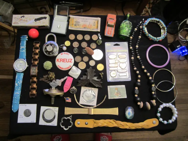 junk drawer lot old padlock old elgin key old watches jewelry old bottle CHINA 5