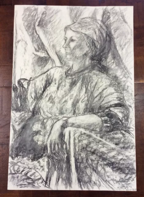 Large Pencil Drawing Of An Old Woman, Labelled Louise B ‘92