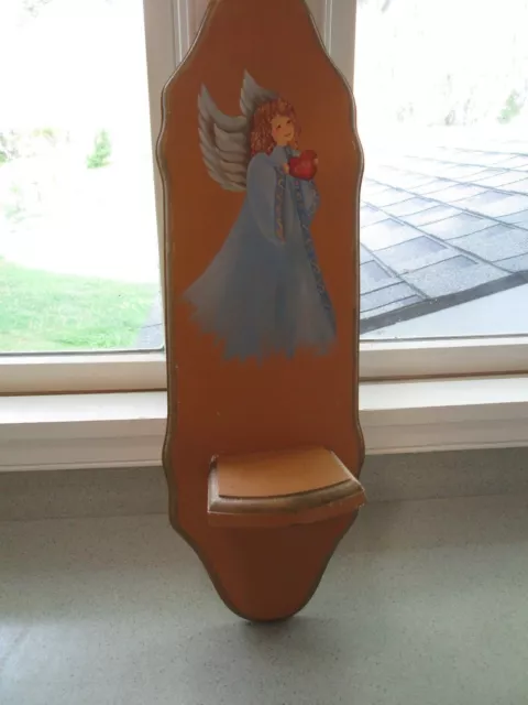 Hand Painted Angel Blue Robe Heart Wood Wall Shelf Candle Stand Child Blonde