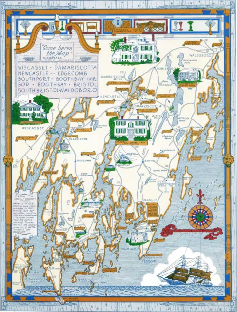 Pictorial Map of Lincoln County, Mid-Coast Maine Wall Art Poster Print Home Deco