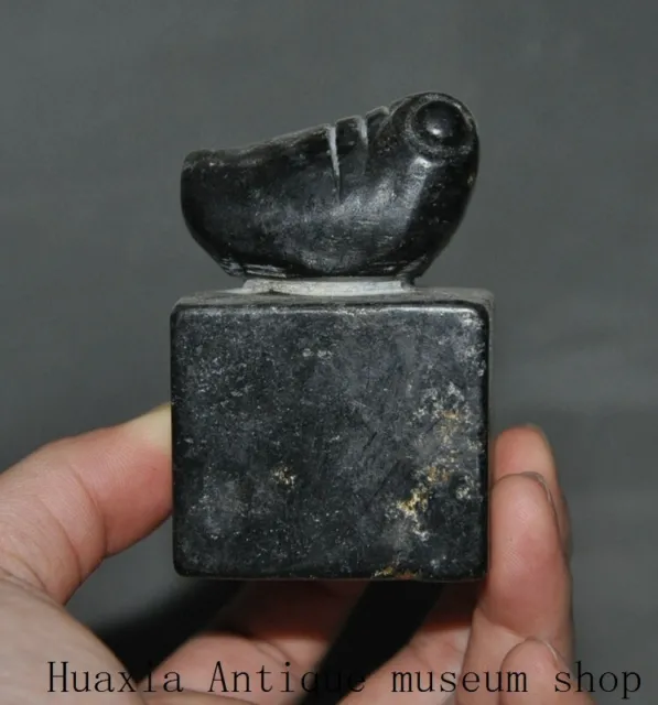 2.8"China Hongshan culture Old black jade stone carved cicada seal Stamp signet