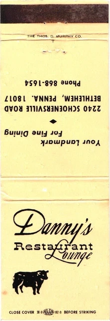 Danny's Restaurant Lounge Your Landmark For Fine Dining Vintage Matchbook Cover