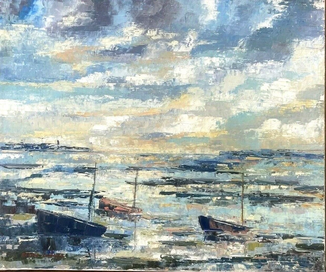 Tableau Ancien – Personnage Au Clair De Lune Sur La Baie – Kowalski – Huile Sur Panneau