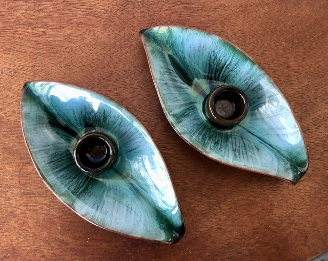 Set of 2 Vtg Blue Mountain Pottery Green Leaf Shape Candle Holders Ontario, Can.