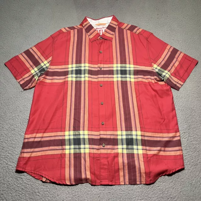 TOMMY BAHAMA HAWAIIAN Button Shirt Mens 2XL Plaid Cotton Linen Short ...