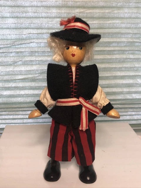 Vintage Strung Wooden Women Doll Marked Poland   On Foot