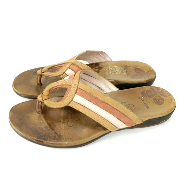 Merrell Lidia Floral Ivory Slip On Thong Flip Flops Brown Leather Womens Size 8