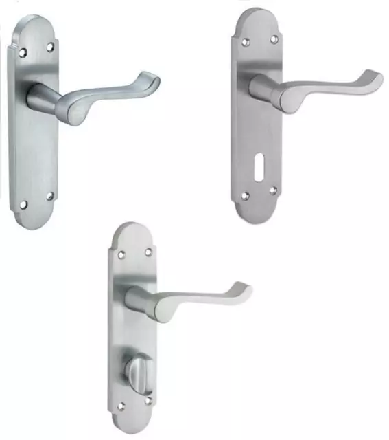 Brushed door handles Satin chrome lever latch, lock or bathroom pair