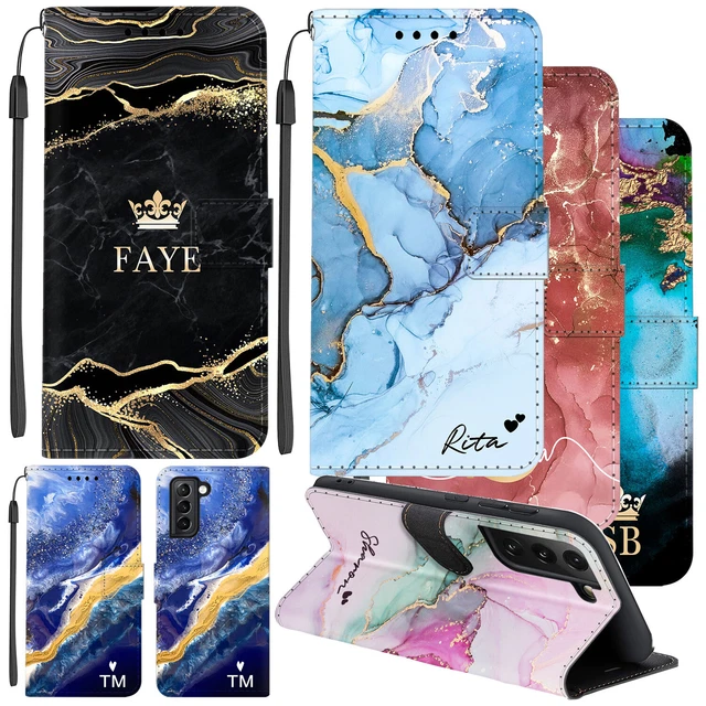 For Samsung Galaxy S21 S22 A14 A53 Personalised Marble Case Leather Phone Cover
