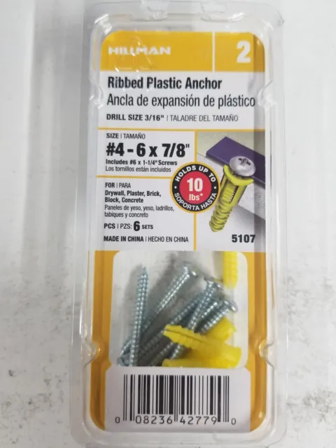 Hillman Ribbed Plastic Anchors With Screws Size 4 - 6 X 7/8 " 10 Lb. 6/Pack