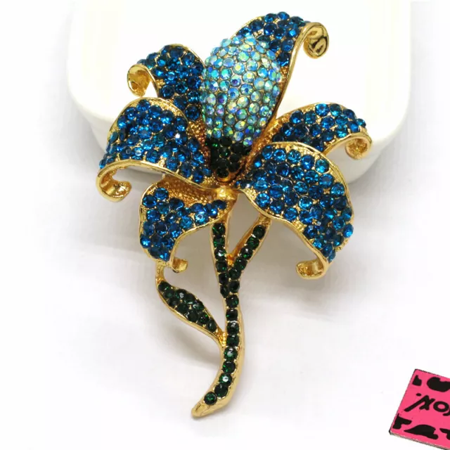Blue Bling Flower AB Rhinestone Crystal Betsey Johnson Charm Brooch Pin Gift