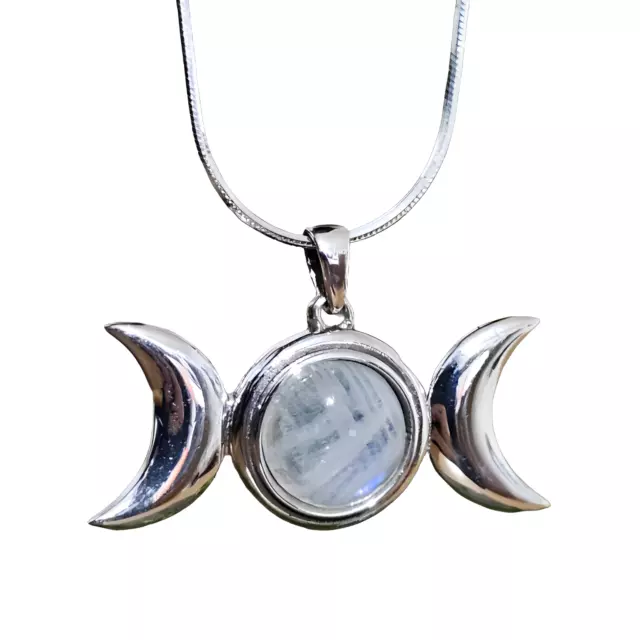 Moonstone Goddess Collier Pendentif Triple Lune Serpent Chaîne Argent 925...