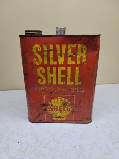 Rare Vintage Silver Shell Motor Oil Can  Red 2 US Gallons