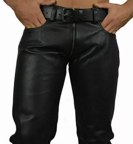 Men's Real Cowhide Leather Pants Double Zipped Trouser Jeans Custom Size Pants 