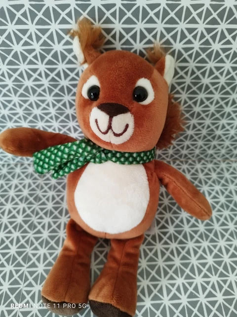 Peluche doudou écureuil marron roux blanc écharpe verte 25 cm Kinder