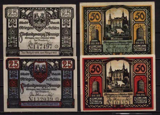 [16744]  - 4 x Notgeld STRIEGAU (heute: Strzegom), Stadt-Bank, 25 - 50 Pf, 01.10