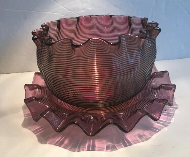 Lutz Sandwich Glass, Antique Threaded Ruffled Glass Bowl & Underliner - Amethyst