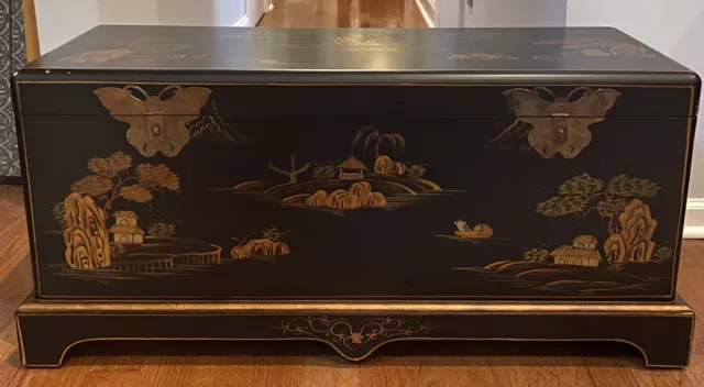 HAND PAINTED BLACK ORIENTAL WOOD STORAGE CHEST Butterfly Brass Hardware 38.5”