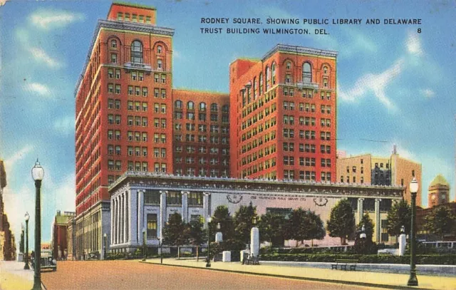 Postcard Rodney Square Trust Building Public Library Wilmington Delaware